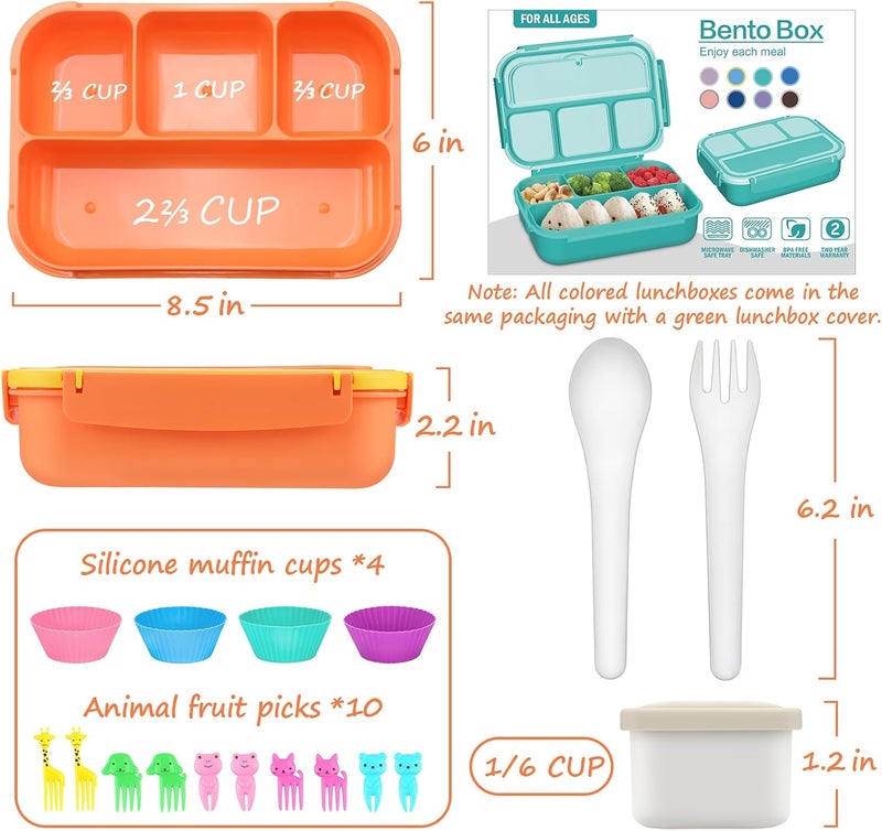 QQKO Bento Box for Kids Adults, School Toddler Lunch Box for Boys Girls, Lunch Box Containers with 4 Compartments, Sauce Container, Utensils, Food Picks and Muffin Cups for School, Orange Yellow - Image 2